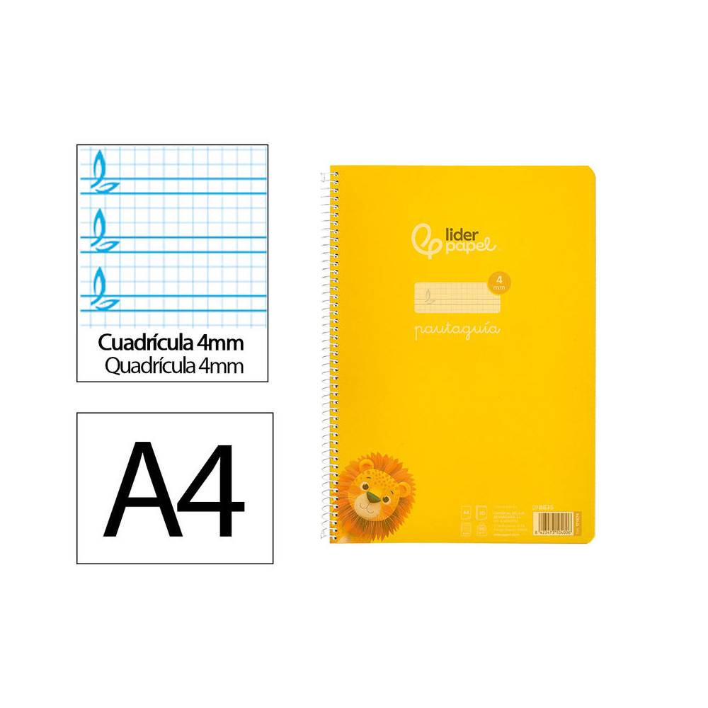 Cuaderno espiral liderpapel din a4 pautaguia tapa plastico80h 90gr cuadro pautado 4mm con margen color amarillo - BE35