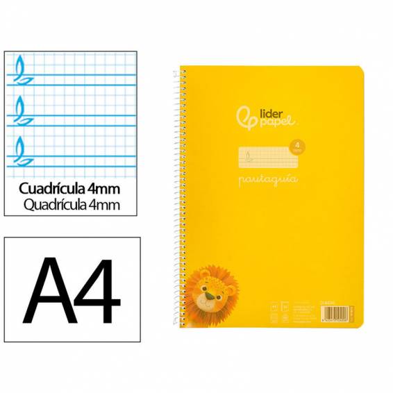 Cuaderno espiral liderpapel din a4 pautaguia tapa plastico80h 90gr cuadro pautado 4mm con margen color amarillo - BE35