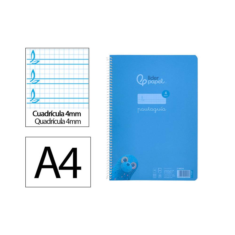 Cuaderno espiral liderpapel din a4 pautaguia tapa plastico80h 90gr cuadro pautado 4mm con margen color azul - BE36