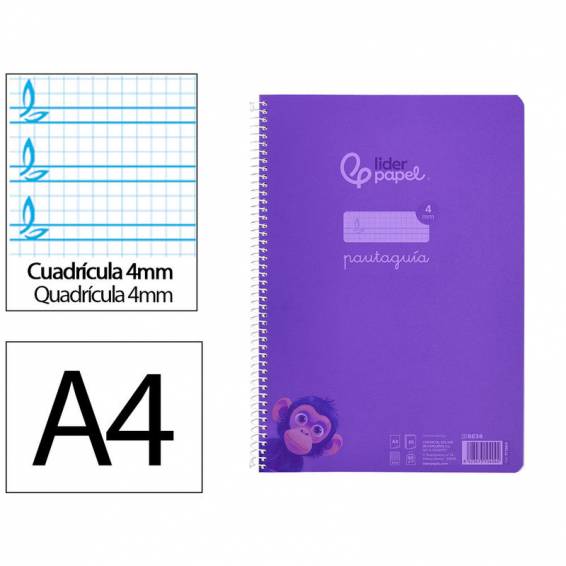 Cuaderno espiral liderpapel din a4 pautaguia tapa plastico80h 90gr cuadro pautado 4mm con margen color lila - BE38