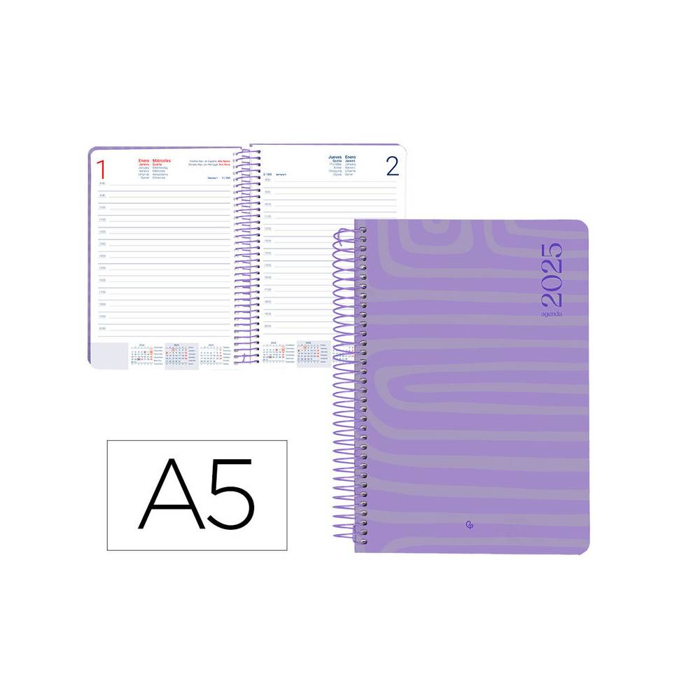 Agenda espiral liderpapel syros a5 2025 dia pagina color morado papel 60 gr