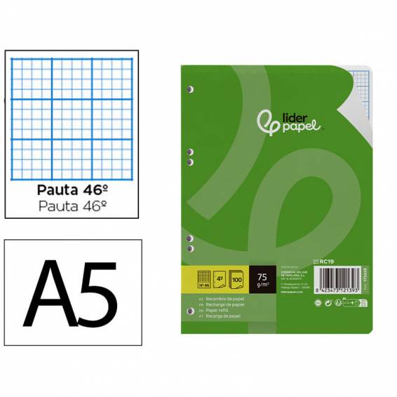 Recambio liderpapel a5 100 hojas 75g m2 rayado nº 46 6 taladros - RC19