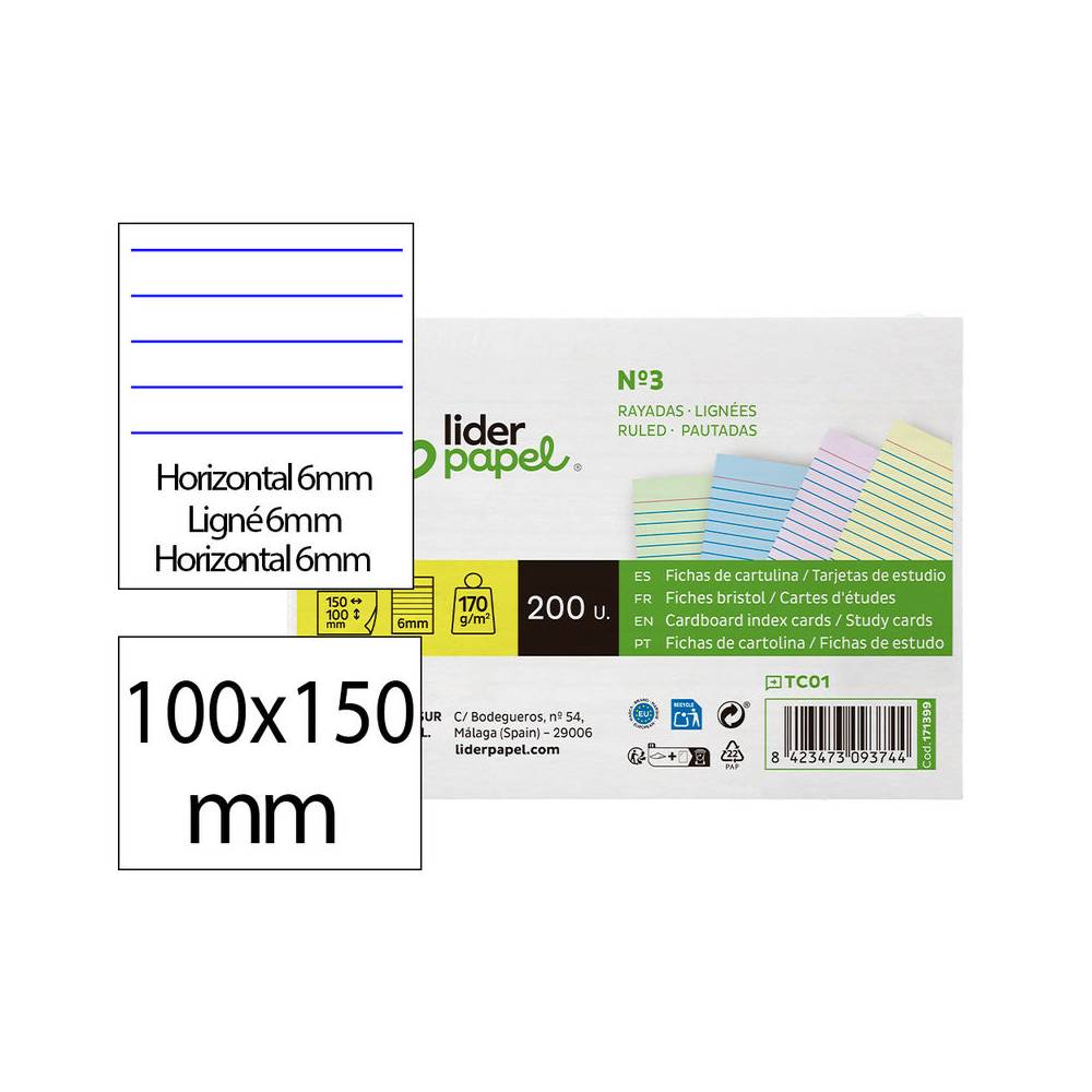 Tarjeta liderpapel para estudiar rayada cartulina de colores 170 gr m2 100x150mm paquete de 200 unidades - TC01