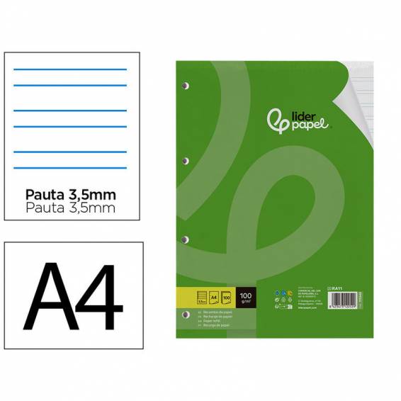 Recambio liderpapel a4 100 hojas 100g m2 pauta 3,5mm con margen 4 taladros - RA11