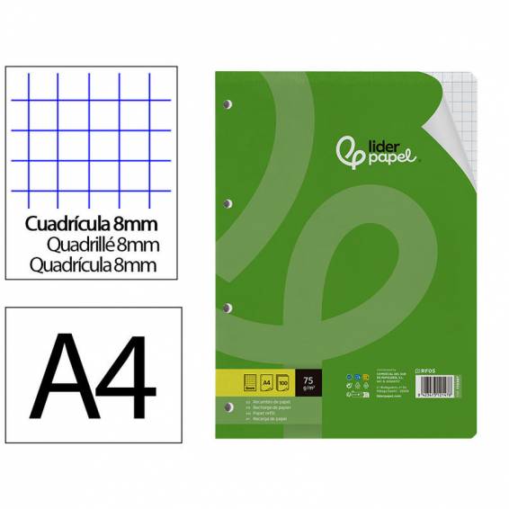 Recambio liderpapel din a4 100 hojas 75 gr cuadro 8 mm con margen 4 taladros - RF05