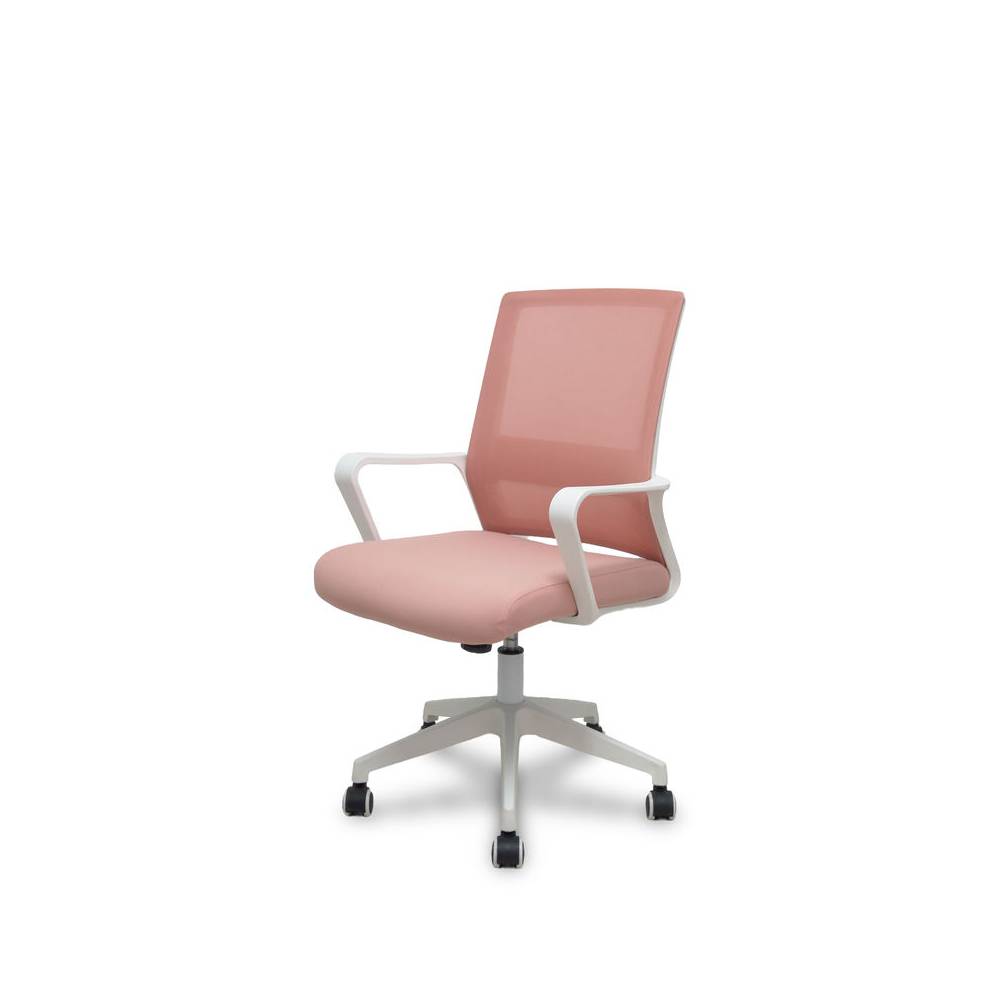 Silla Ergo535 blanca basculante respaldo malla rosa asiento tela rosa ruedas nailon