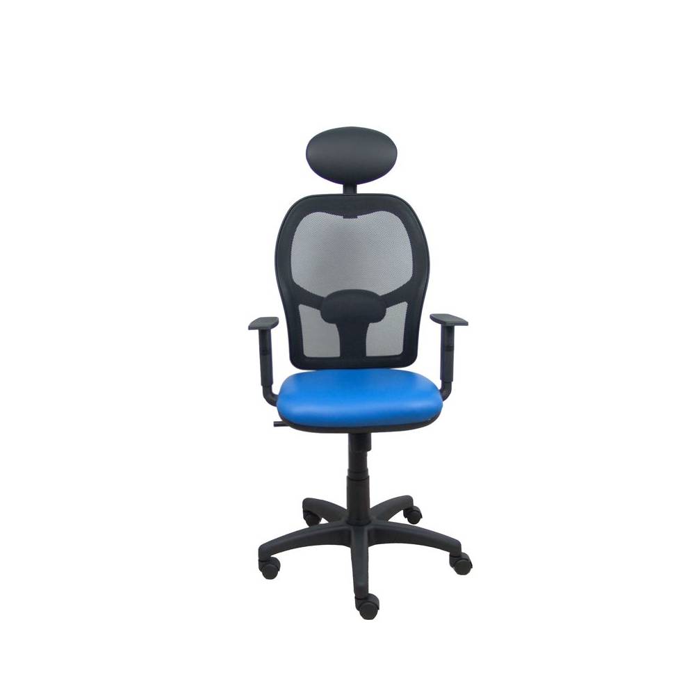 Silla Alocén malla negra asiento similpiel azul brazos regulables cabecero fijo