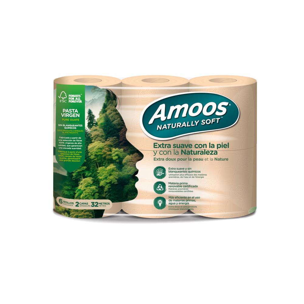 Papel higienico amoos naturally soft 2 capas pasta cruda paquete de 6 rollos 32 m - H663211