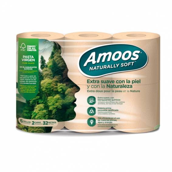 Papel higienico amoos naturally soft 2 capas pasta cruda paquete de 6 rollos 32 m - H663211