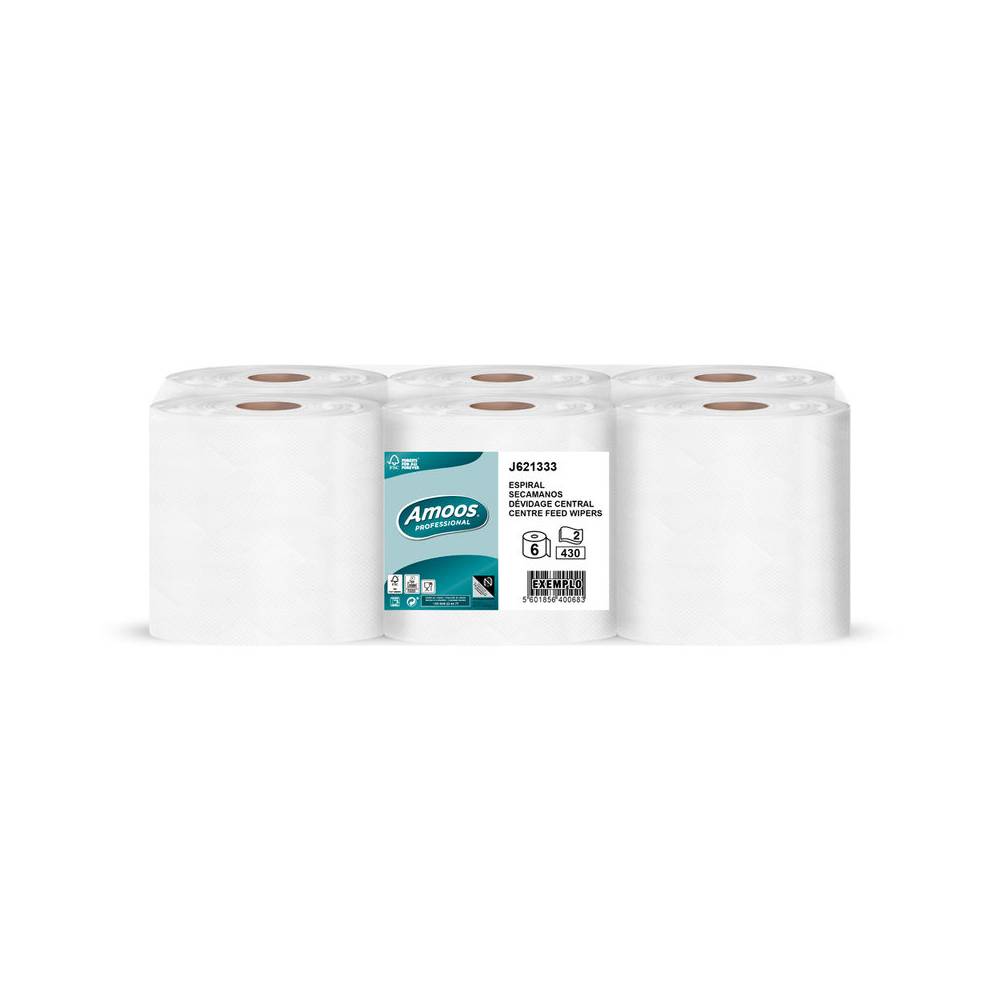 Papel secamanos amoos efficiency professional 2 capas color blanco paquete de 6 rollos - J621333
