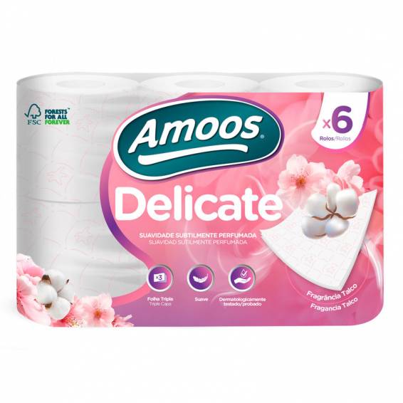 Papel higienico amoos delicate 3 capas color blanco paquete de 6 rollos 20 m - H632075