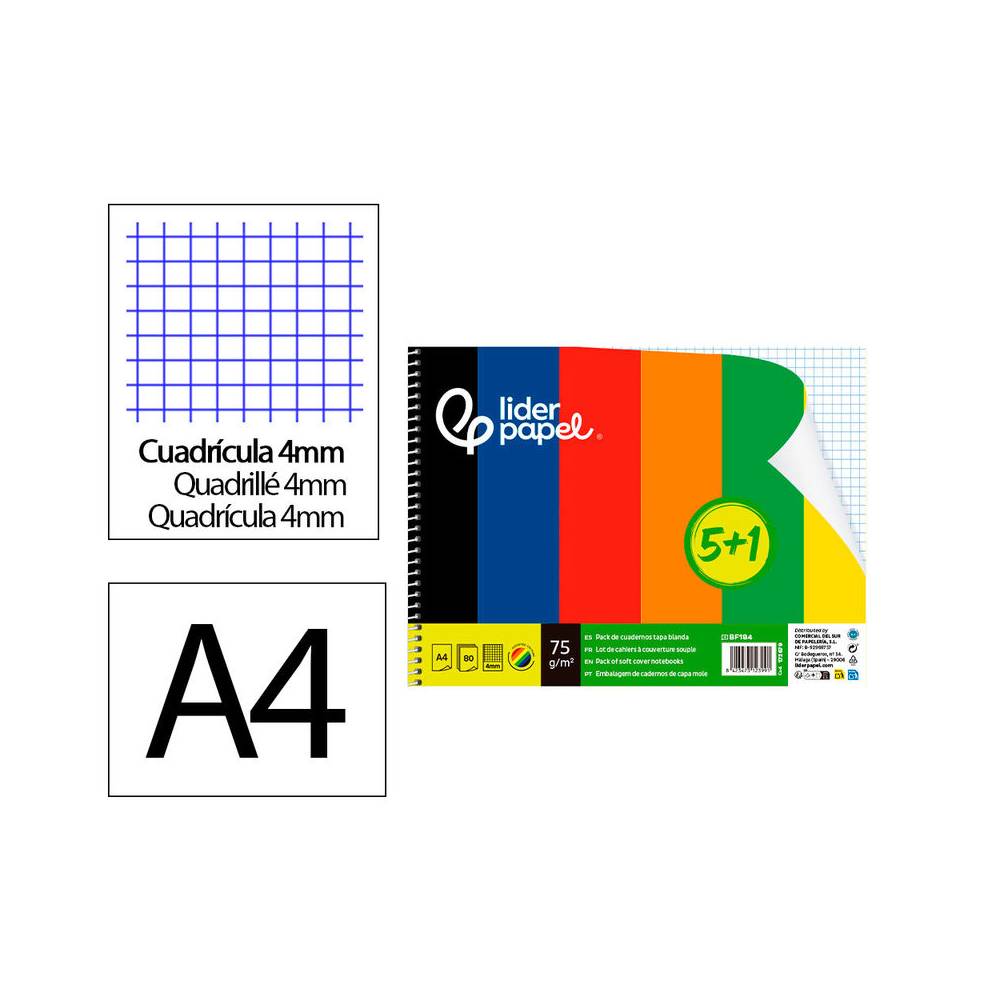 Cuaderno espiral liderpapel din a4 smart tapa blanda 80h 75gr cuadro 4 mm con margen pack 5+1 colores surtidos - BF184