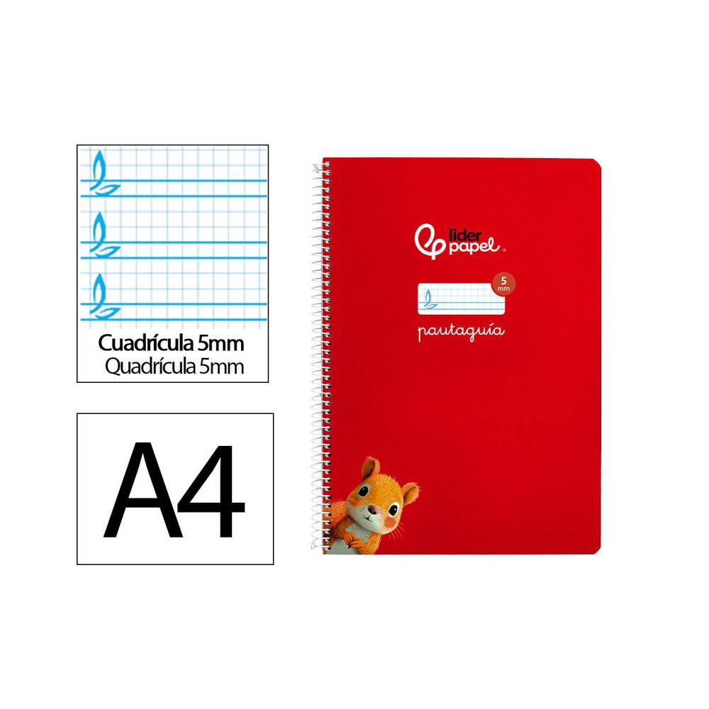 Cuaderno espiral liderpapel di n a4 pautaguia tapa blanda 80h 75 gr cuadro pautado 5mm color rojo - BF122