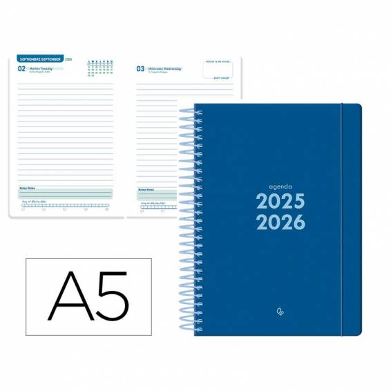 Agenda escolar liderpapel 25-26 espiral basic azul oscuro dia pagina a5 bilingüe papel fsc 70 gr - LP545