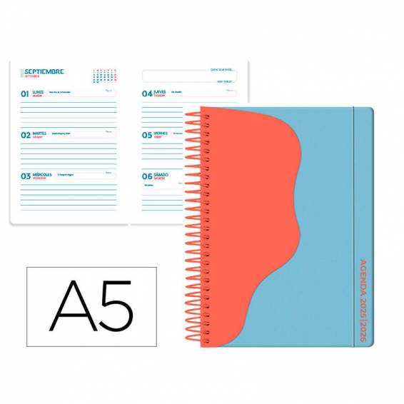 Agenda escolar liderpapel 25-26 espiral waves azul semana vista a5 bilingüe papelfsc 80 gr - LP576 Agenda escolar liderpapel 25-26 espiral waves azul semana vista a5 bilingüe papelfsc 80 gr - LP576