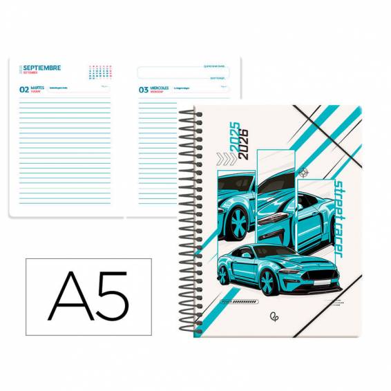 Agenda escolar liderpapel 25-26 espiral cars turquesa dia pagina a5 bilingüe papel fsc 80 gr - LP596 Agenda escolar liderpapel 25-26 espiral cars turquesa dia pagina a5 bilingüe papel fsc 80 gr - LP596