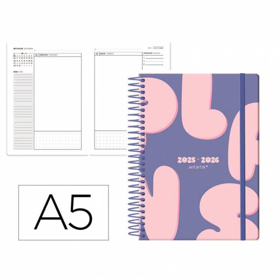 Agenda escolar antartik 25-26 espiral plans morado dia pagina a5 bilingüe papel fsc 80 gr - LP641