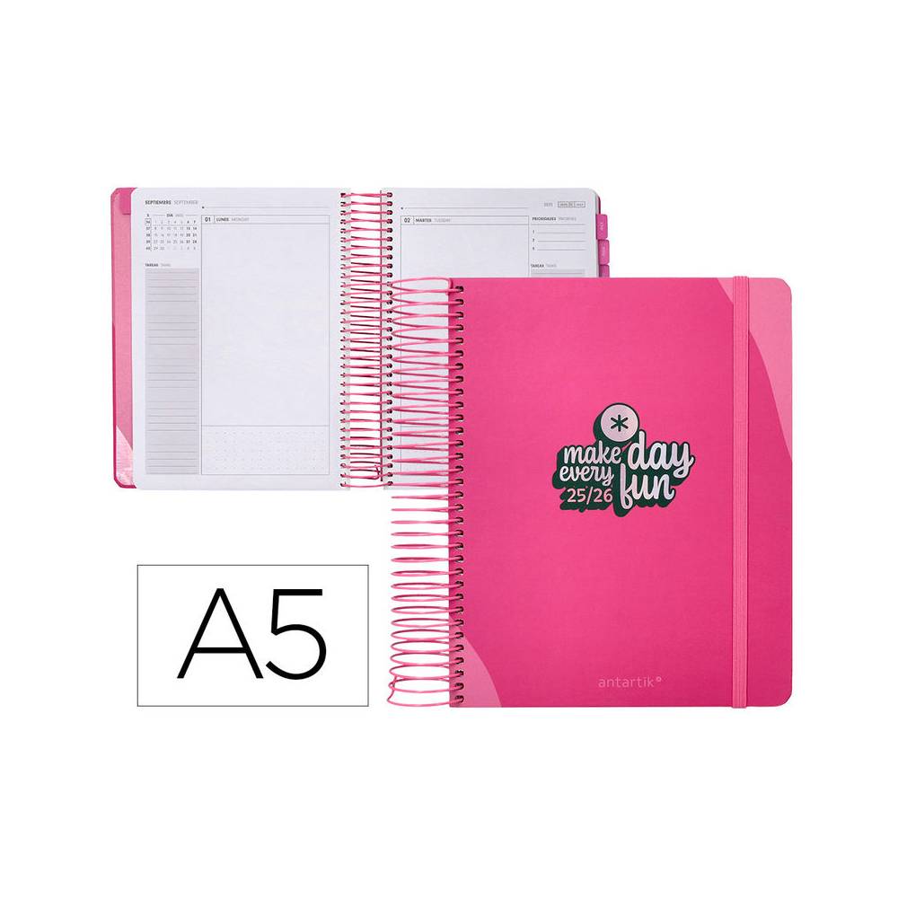 Agenda escolar antartik 25-26 espiral fun day fucsia dia pagina a5 bilingüe papel fsc 80 gr - LP651