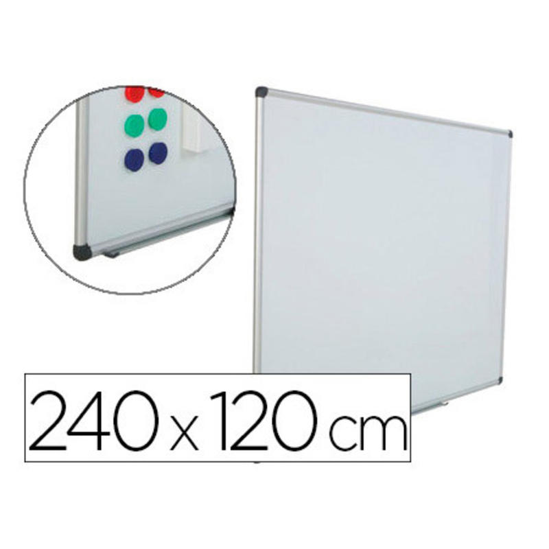 Pizarra blanca rocada acero vitrificado magnetico marco aluminio y cantoneras pvc 240 x 120 cm incluye bandeja