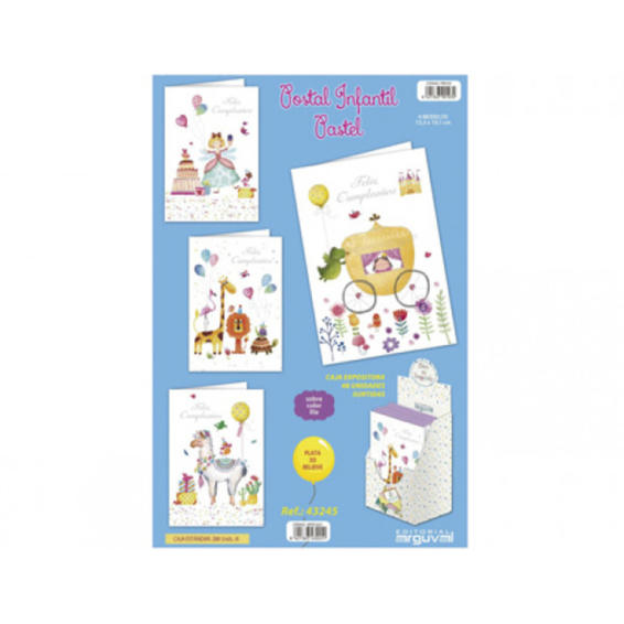 Postal arguval infantil pastel detalles 3d letras en plata y con sobres lila papel de 300 gr 13,3x19,1 cm