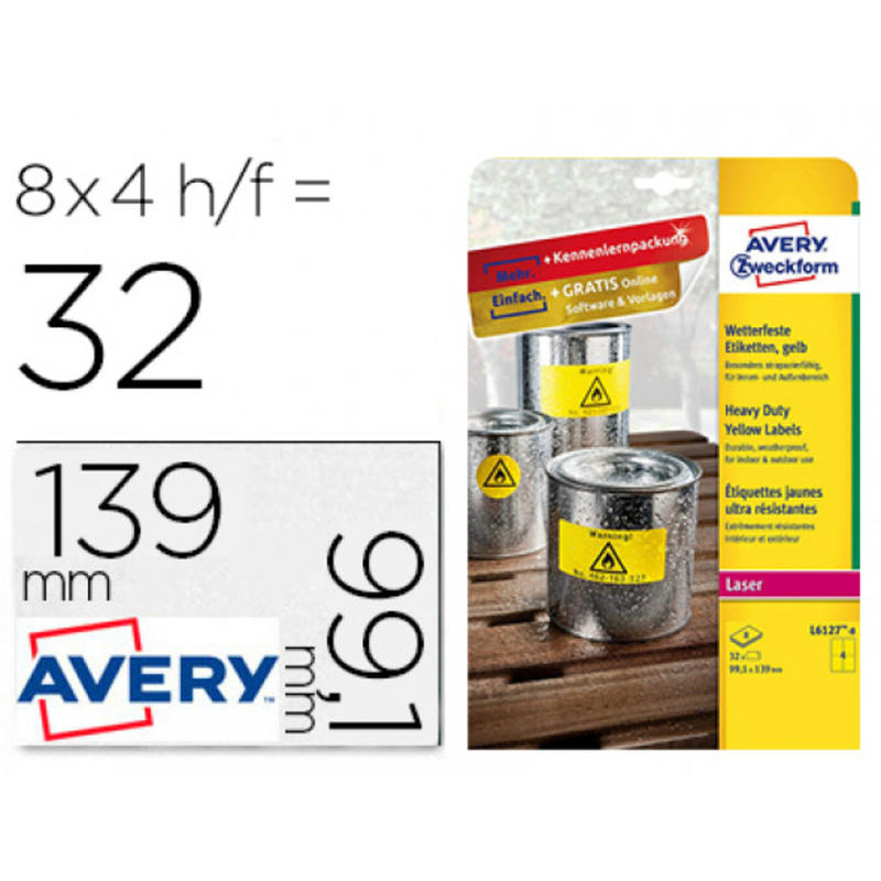 Etiqueta adhesiva avery poliester amarillo fluorescente 99,1x139 mm pack de 8 unidades