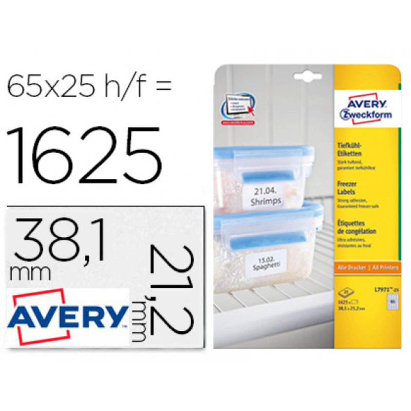 Etiqueta adhesiva avery para congelador blanca 38,1x21,1 mm ink-jet laser y fotocopiadora pack de 25
