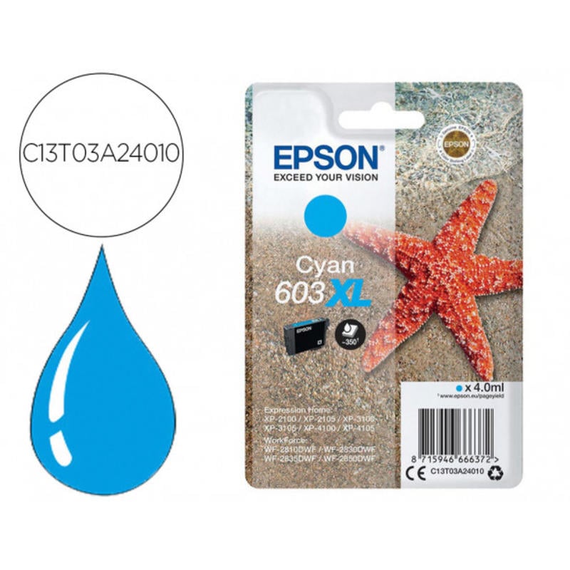 Ink-jet epson 603xl xp-2100 / 2105 / 3100 / 4100 / wf-2810 / 2830 / 2835 / 2850 cian 350 paginas