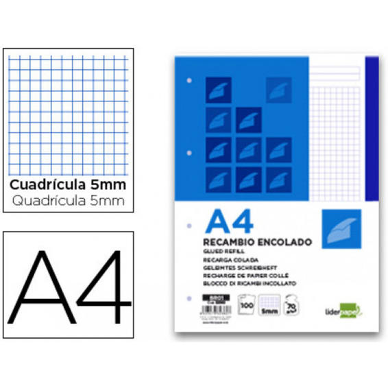 Bloc encolado liderpapel cuadro 5mm azul a4 natural 100 hojas 70 g/m2