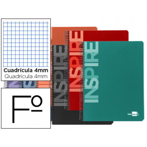 Cuaderno espiral liderpapel folio inspire tapa dura 80h 60 gr cuadro 4mm con margen colores surtidos