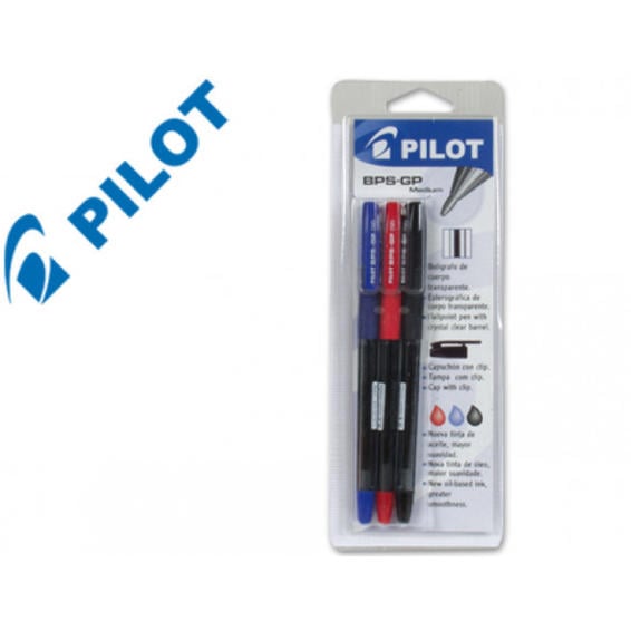 Boligrafo pilot bps-gp azul -sujecion de caucho tinta basede aceite con capuchon -blister de 3 surtidos