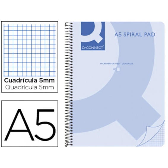 Cuaderno espiral q connect a5 micro tapa plastico 80h 70g cuadro 5mm sin bandas 6 taladros azul