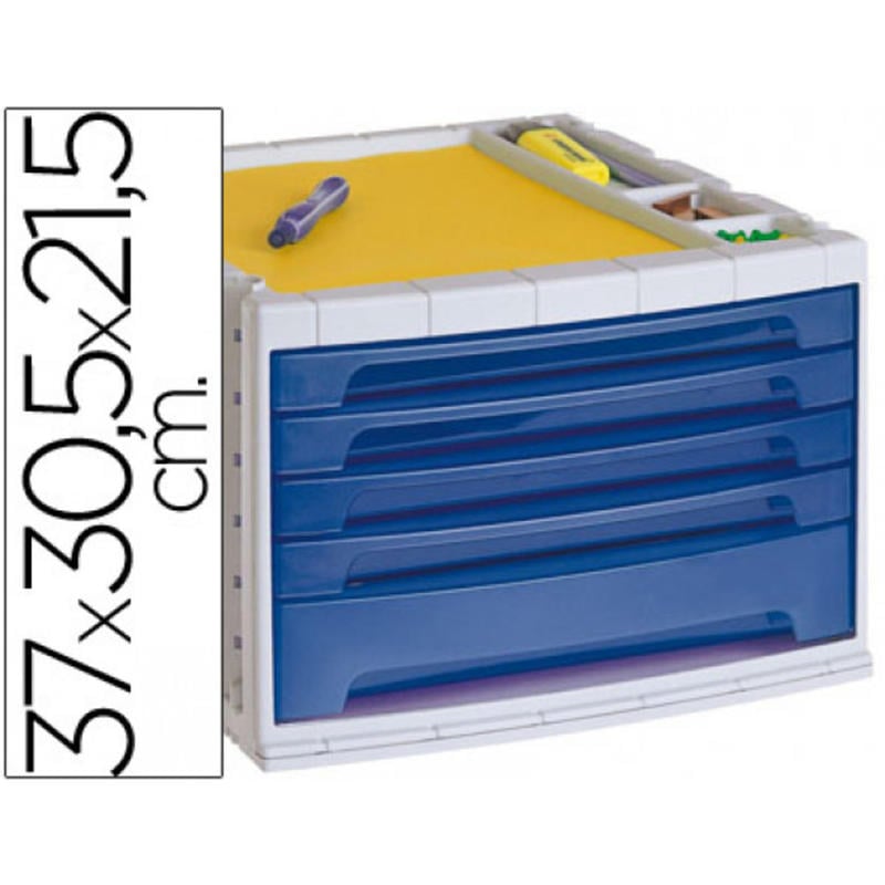 Fichero cajones de sobremesa q-connect 37x30,5x21,5 cm bandeja organizadora superior 5 cajones azul translucido