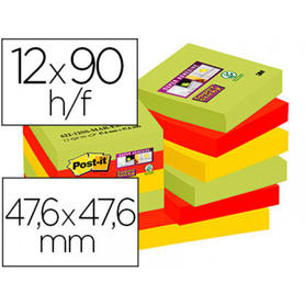 Bloc de notas post-it adhesivas quita y pon post-it super sticky 47,6x47,6 mm con 90 hojas pack de 12 unidades colores