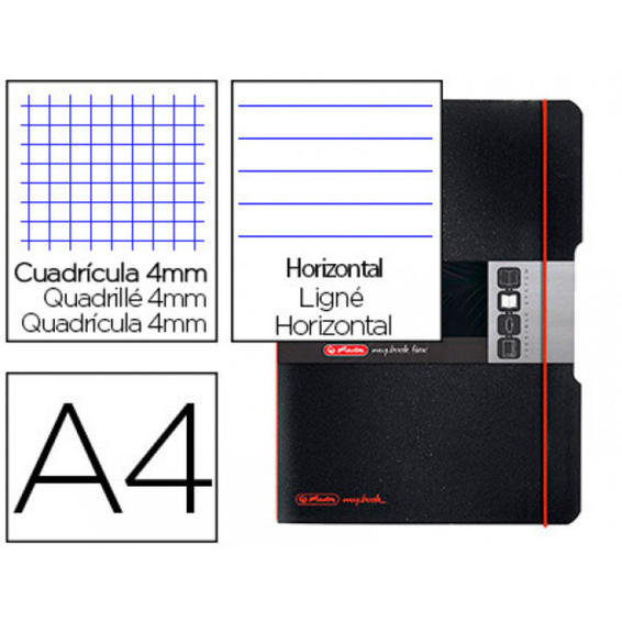 Cuaderno herlitz note book flex a4 polipropileno 2x40 h cuadricula 4 mm + horizontal doble margen negro gomilla