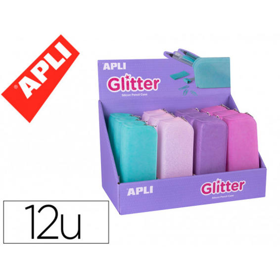 Bolso portatodo apli silicona soft glitter expositor de 12 unidades colores surtidos