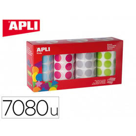 Gomets apli autoadhesivo circulares 20 mm pack de 4 rollos azul / fucsia / gris / verde 7080 unidades