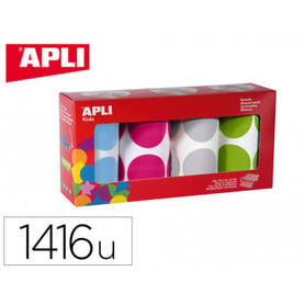 Gomets apli autoadhesivo circulares 45 mm pack de 4 rollos azul / fucsia / gris / verde 1416 unidades