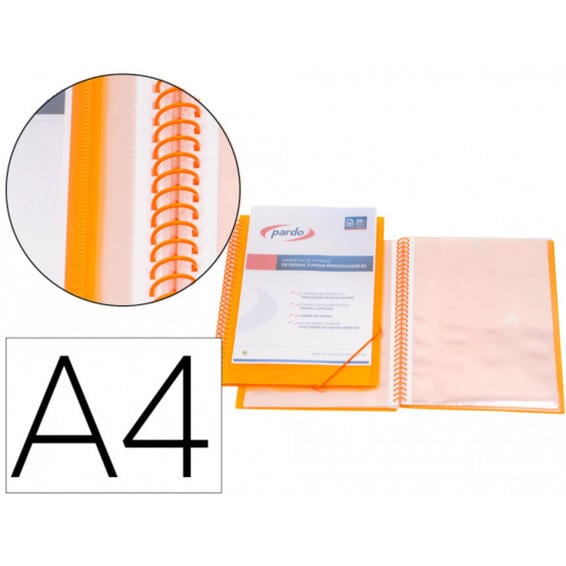 Carpeta pardo escaparate con espiral 40 fundas polipropileno con gomas personalizable color naranja