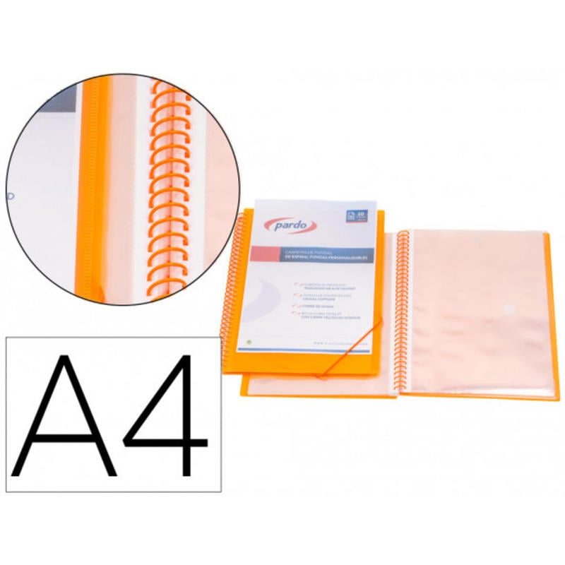 Carpeta pardo escaparate con espiral 50 fundas polipropileno con gomas personalizable color naranja