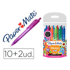 Boligrafo paper mate inkjoy 100 mini retractil punta media trazo 1 mm pack 10 + 2 unidades colores surtidos