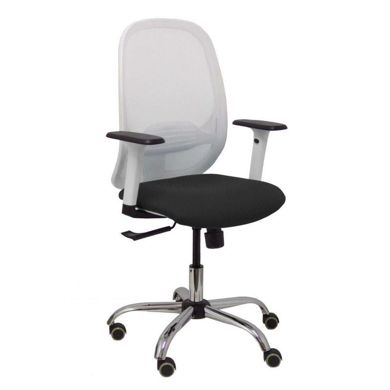 Silla Cilanco blanca malla blanca asiento similpiel negro brazo reg. base cromada RP