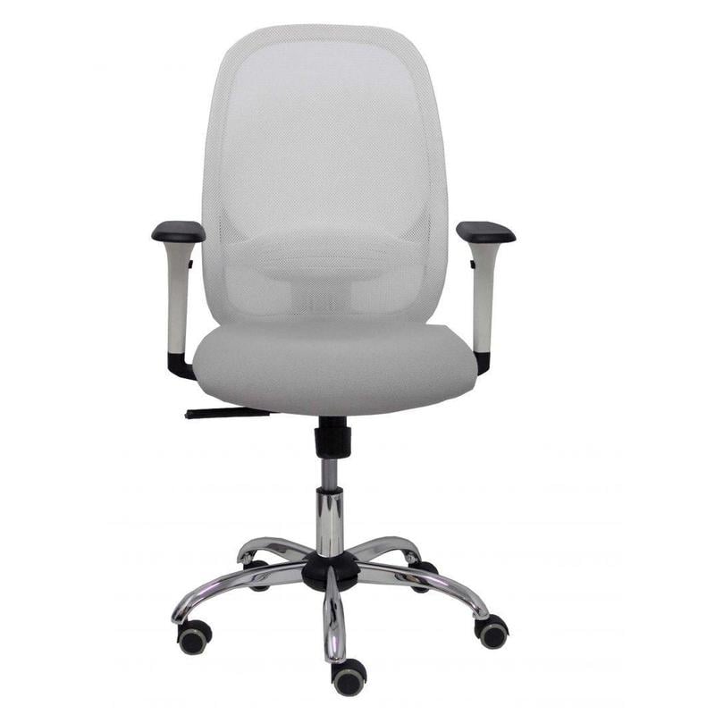 Silla Cilanco blanca malla blanca asiento bali gris brazo regulable base cromada ruedas de parqué