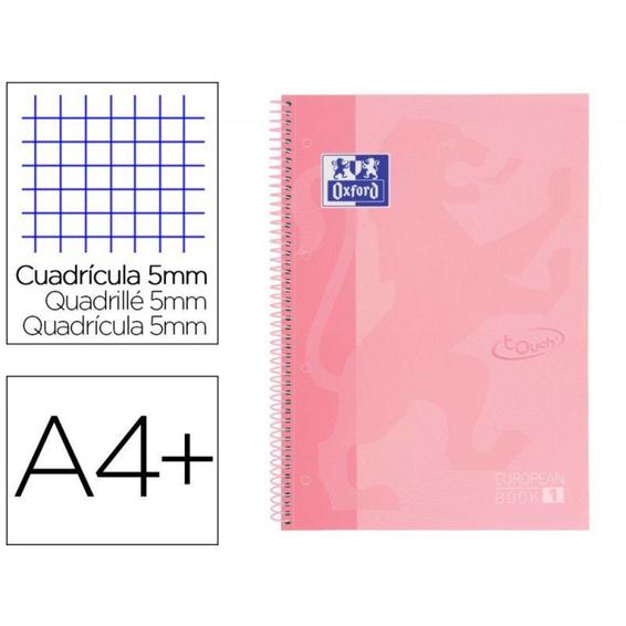 Cuaderno espiral oxford ebook 1 school touch te din a4+ 80 hojas cuadro 5 mm con margen flamingo pastel